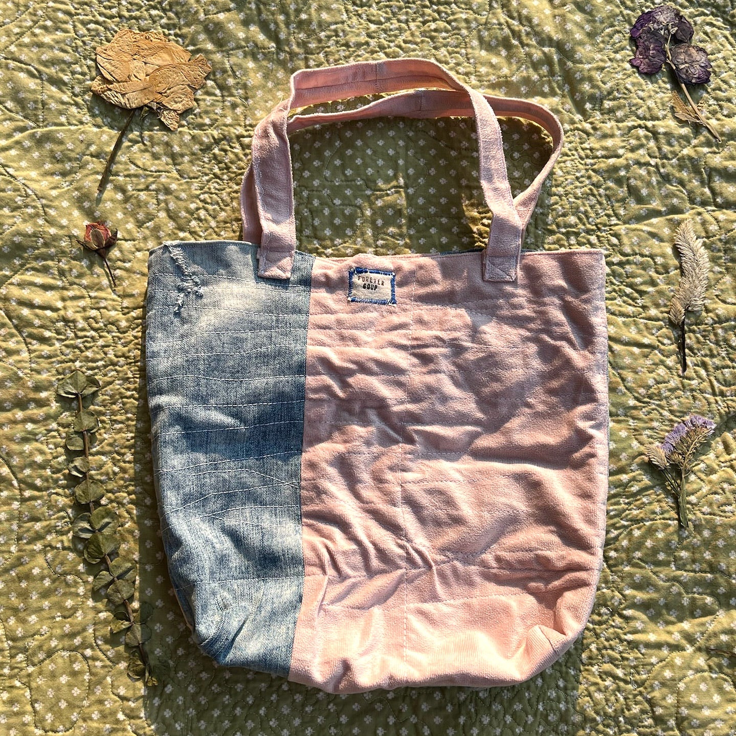 Small Denim and Soft Pink Tote Bag