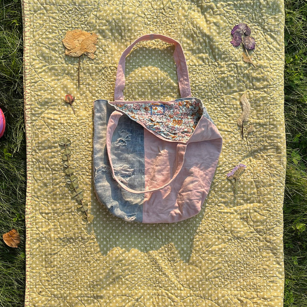 Small Denim and Soft Pink Tote Bag