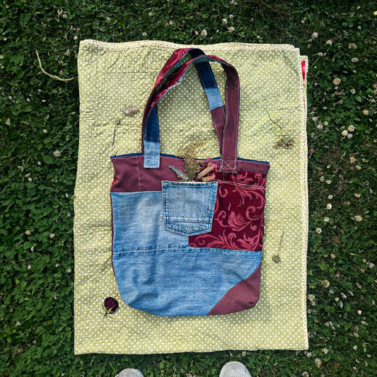 Zippered Maroon and Denim Patchwork Tote Bag