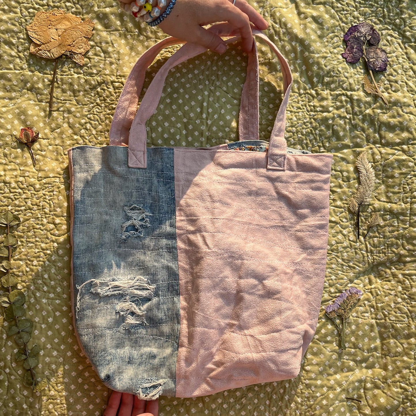 Small Denim and Soft Pink Tote Bag