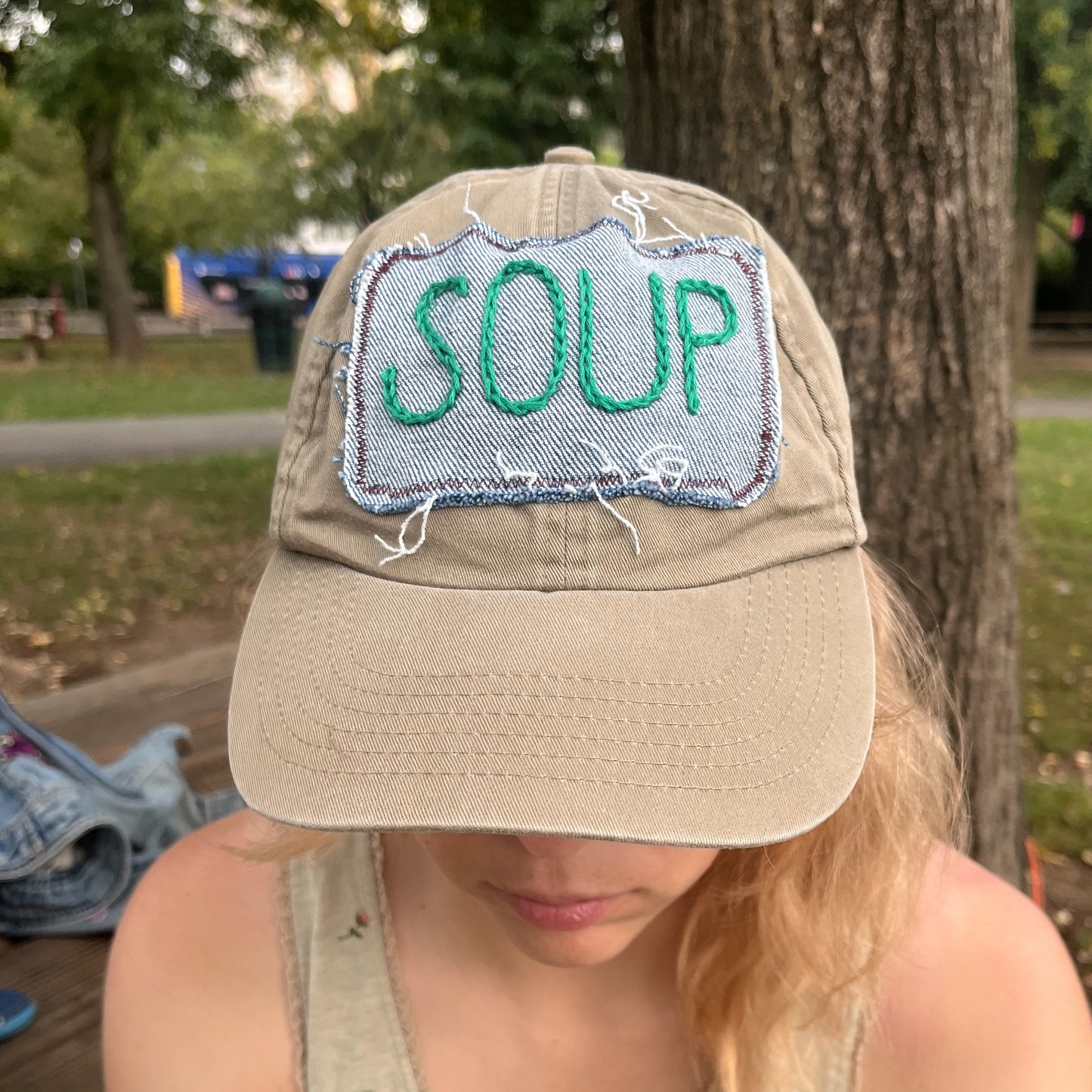 SOUP hat - khaki w/ green letters