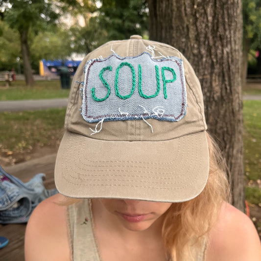 SOUP hat - khaki w/ green letters
